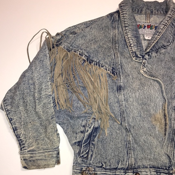 East West Acid Washed Fringed Denim Jacket Vintage Size Medium Distressed - Picture 4 of 14